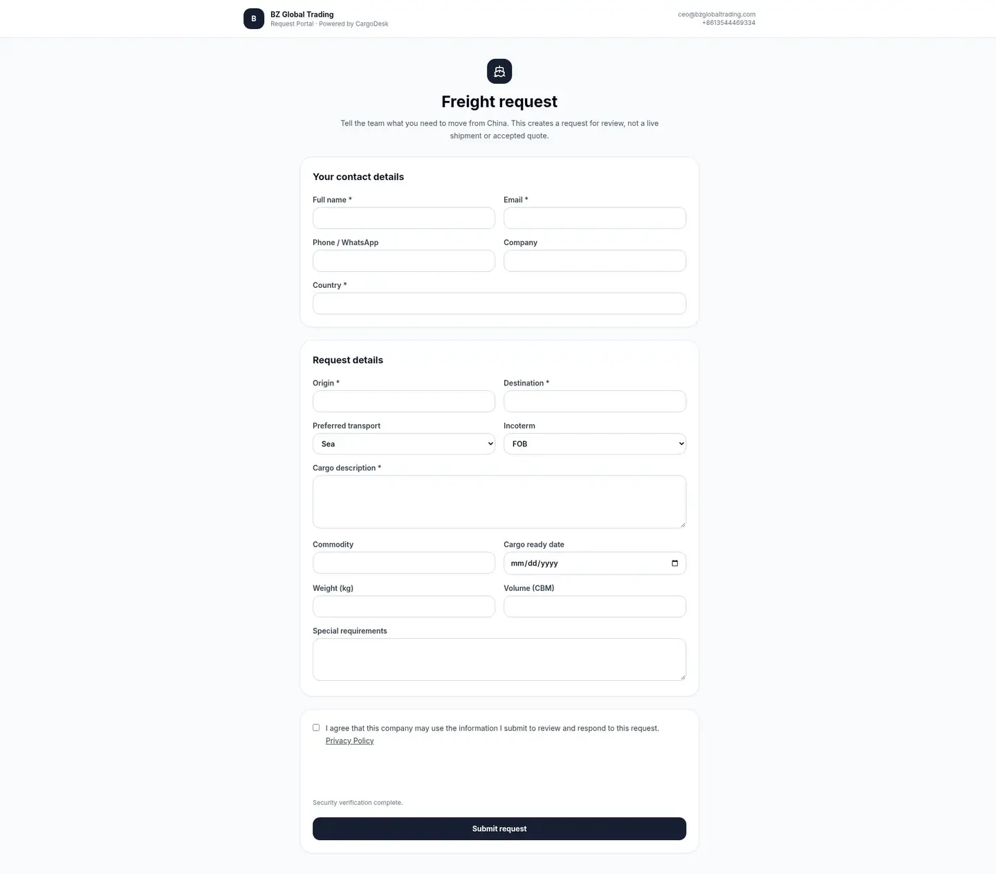 Empty BZ Global Trading guest freight request form