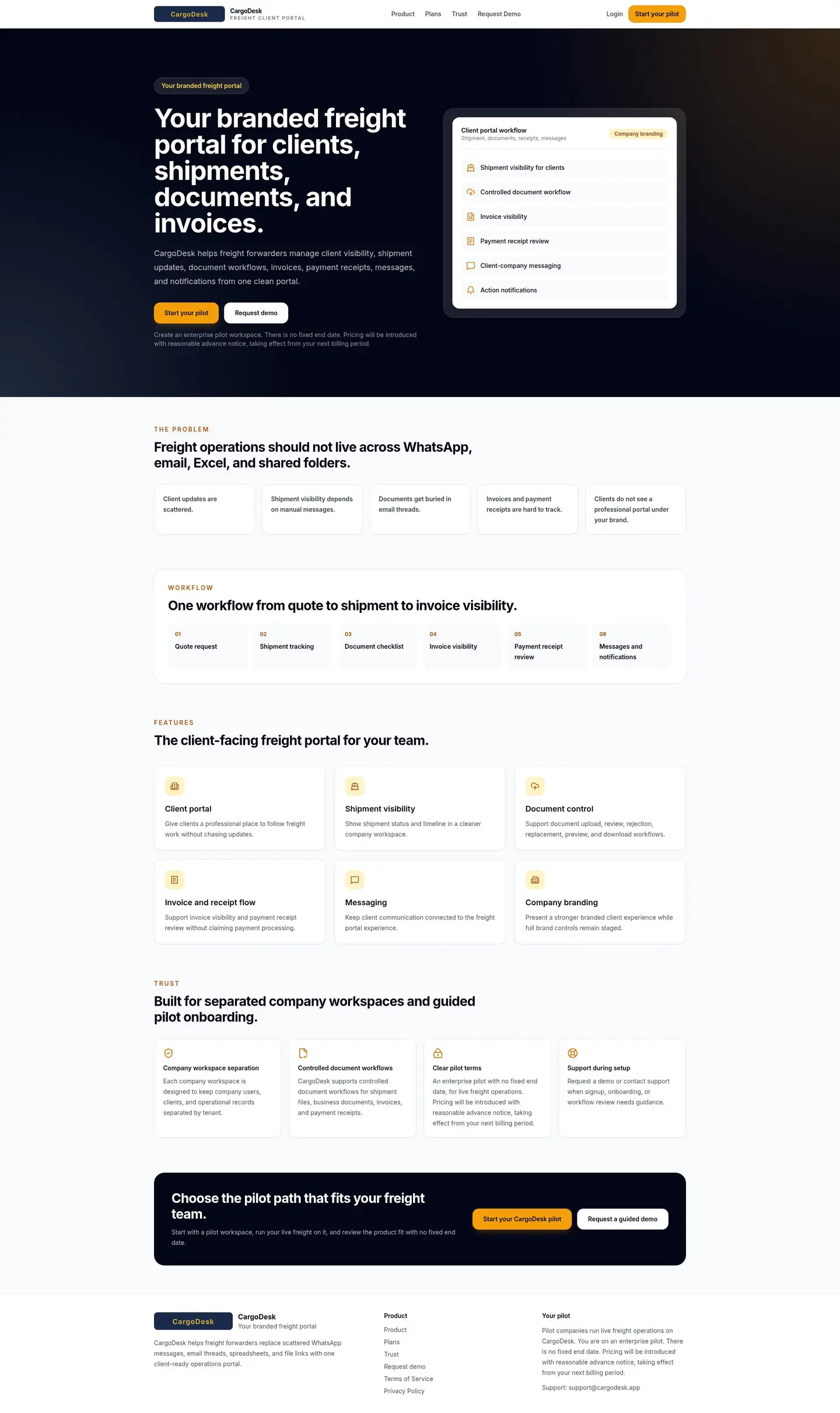 CargoDesk home page, showing the branded freight portal overview