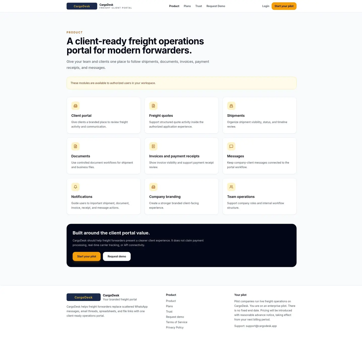 CargoDesk product page listing the live modules